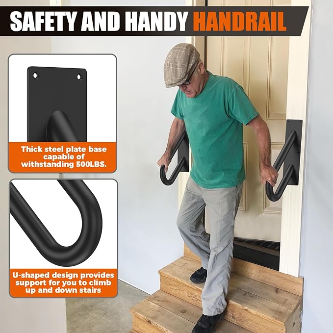 GORWARE Handrails for Outdoor Steps,18" U-Shaped Handrail Wall Mount with Matte Black Finished,1-3 Steps Railings,Safety Grab Bar for Outdoor Indoor Stairs, Garage, Porch, Toilet, Yard and Garden.