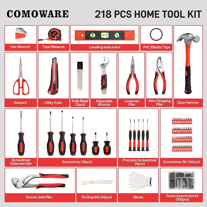 COMOWARE 218 Pcs Home Tool Kit - Basic Household Hand Tool Set, Truck Tool Kit Socket Wrench Combination Tool Set for Home with Plastic Toolbox Storage Case, Rv tool set，Red