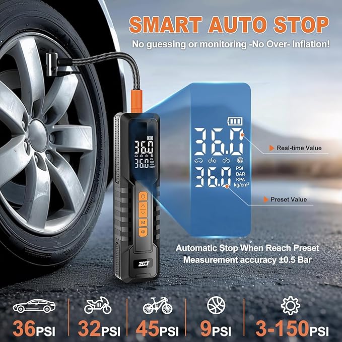 Tire Inflator Portable Air Compressor, Air Pump for Car Tires, Bike Pump, Portable Tire Inflator for Car, Motorcycle, Bicycle, Balls - 150PSI, 6000mAh Battery, LED Light Auto Shut-Off Function
