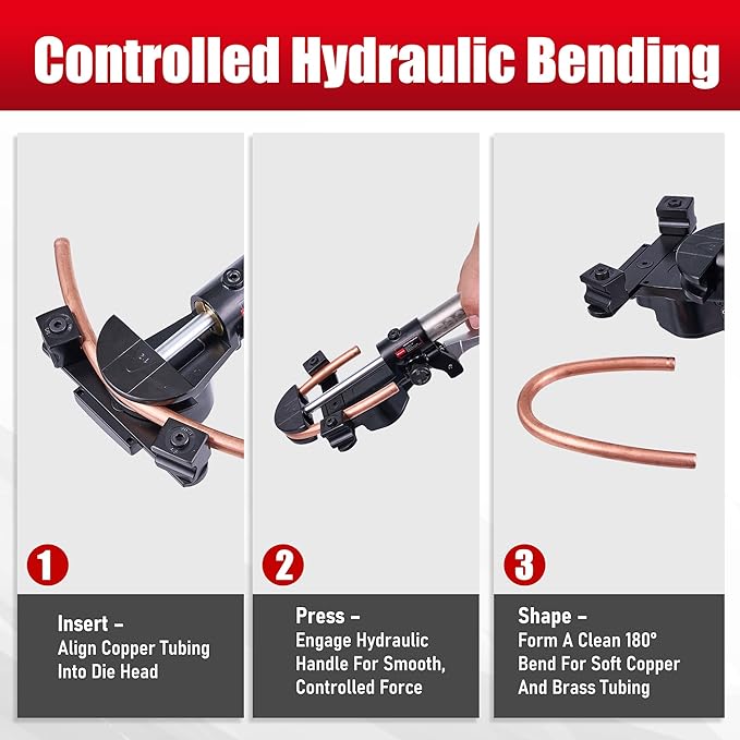 Hydraulic Tubing Bender Kit 1/4"–7/8", 180 Degree Pipe Bender Tool with 7 Dies for Copper and Aluminum, Ideal for HVAC and Refrigeration Applications