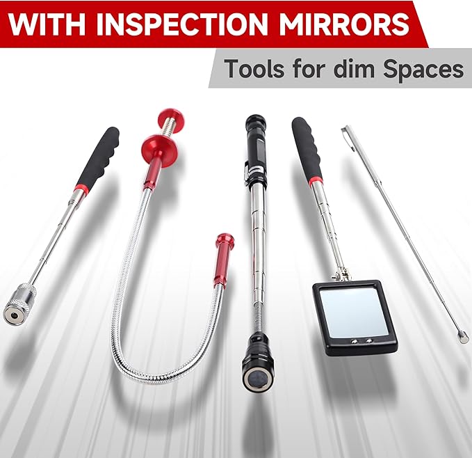 5-Piece Magnetic Pickup Tool Kit - Great Gift for Mechanics - Auto Repair & DIY - Find Nuts/Bolts/Screws - Includes 1lb & 10lb Telescoping Magnets - 360°Mirror & LED Light for Workshop Use