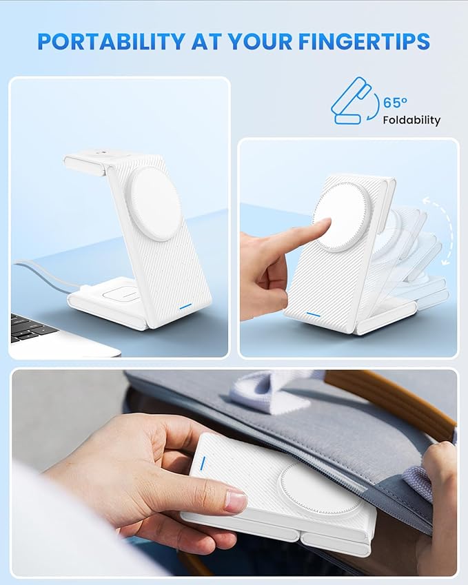 Wireless Charger Magnetic for Apple Devices - JoyGeek 3 in 1 Foldable Charging Station for Magsafe Compatible with iPhone 16 15 14 13 12 Pro Max Plus, Apple Watch 10 9 8 7 6 5 4 SE, AirPods 4/3/2/Pro