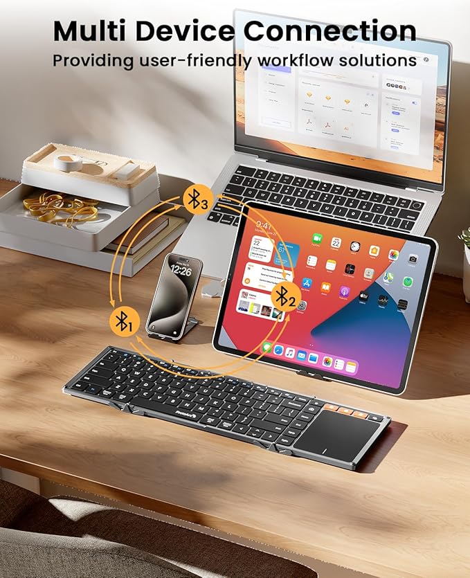 ProtoArc Foldable Keyboard with Touchpad, XK01 TP Folding Portable Keyboard, Full Size Keys, Large Trackpad Bluetooth Travel Keyboards for iPad Laptop PC Tablets - Black Gray