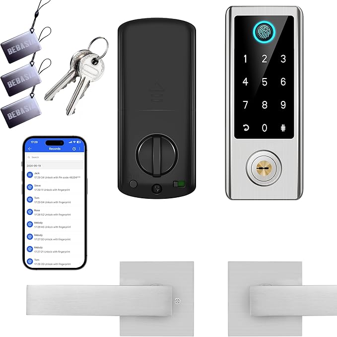BEBASIA Smart Fingerprint Door Lock with Handle Set, Full App Control, Electronic Digital Touchscreen Keypad, Deadbolt Smart Locks for Front Door, Auto Lock, Satin Nickel