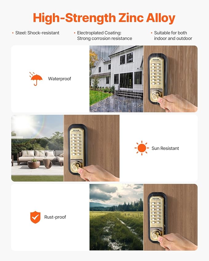 VEVOR Mechanical Keyless Entry Door Lock, 14 Keys, Mechanical Keypad with Handle, Double-Sided Stainless Steel Waterproof Keyless Gate Lock, for Home Office Fence Garage