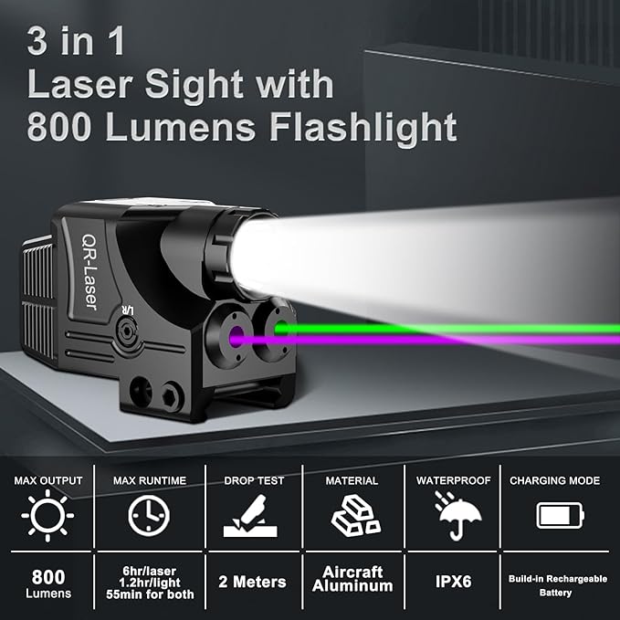 Red Green Purple Blue Laser Light Combo, 800 Lumens Tactical Flashlight Laser Sight, Built-in USB Rechargeable Battery, Adjustable Compact Tactical LED Light Laser Beams for Handguns with a Rail