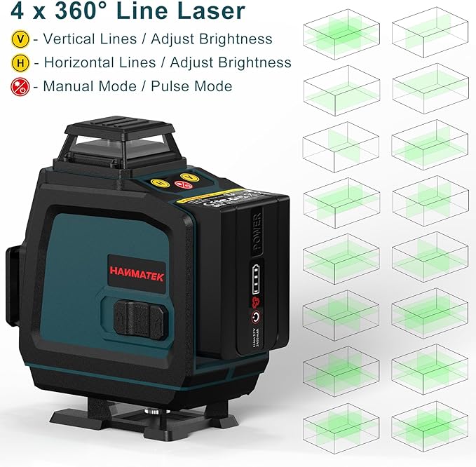 Laser Level 360 Self Leveling,HANMATEK 4x360°4D Green 16 Lines Laser Leveler Beam Cross Line Laser Measuring Tool for Picture Hanging Construction Floor Tile Wall Home Renovation,Indoor Project