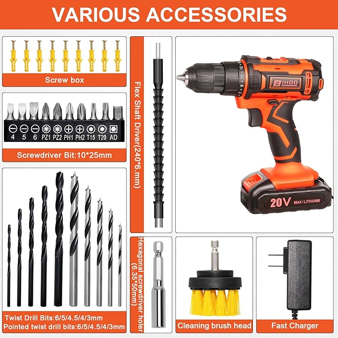 20v Drill Driver Set,Cordless Drill with Battery and Charger,LED Tools Kit,25+1 Torque Setting and 43pcs Bits