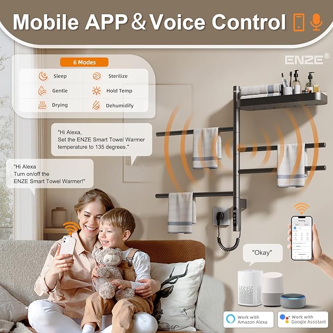 ENZE Smart Rotating Heated Towel Rack for Bathroom, Wall-Mounted Electric Towel Dryer with Swivel Bars & Shelf, Smart Timer, Low Carbon Steel, Plug-in/Hardwired, Towel Warmer with Wi-Fi App Control