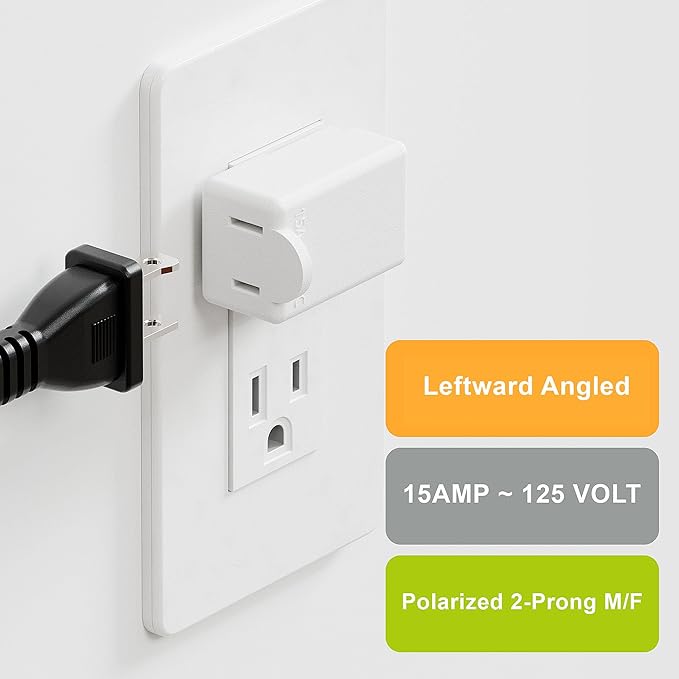 90 Degree 2 Pin Adapter, Plugrand Nema 1-15P to 1-15R Left Angled Adapter, 2 Prong Angled Adapter, NEMA 1-15P Power Adapter, PA-0506 White Color
