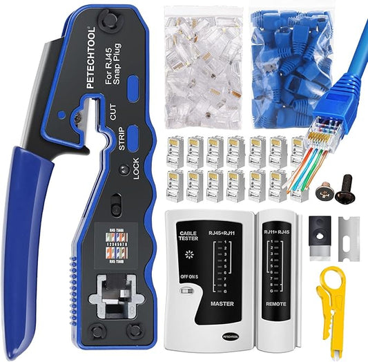 RJ45 Crimp Tool Kit Pass Through Ethernet Crimper Cat6 Cat5 Cat5e Crimping Tool with Network Cable Tester, 50PCS Cat6 RJ45 Connector and 15 PCS Shielded RJ45 Connector, 50PCS Cover Boots