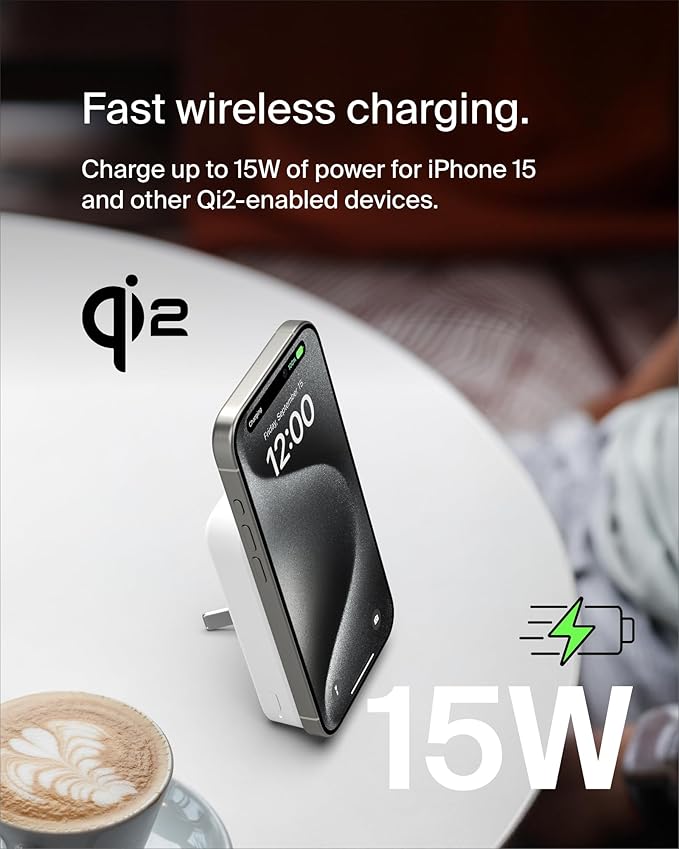 Belkin Portable Charger, Power Bank 10000 mAh w/ Qi2, iPhone Charger - MagSafe Charger w/Built-in Pop-up Kickstand for iPhone 16, 15, 14, 13, Plus, Pro, Pro Max, Google Pixel 10, etc. - White