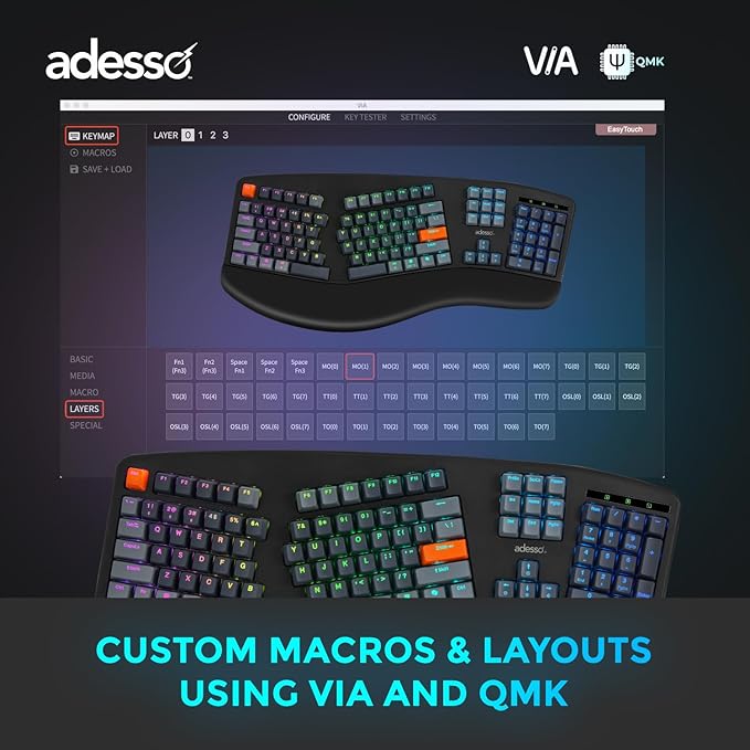 ADESSO EasyTouch 1500 Ergonomic Mechanical Keyboard with Cherry Red Switches Wired Wireless Bluetooth RGB Illuminated Multi OS for Mac VIA Programmable with Copilot AI Hotkey