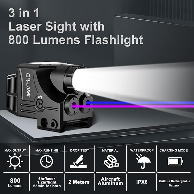 Red Green Purple Blue Laser Light Combo, 800 Lumens Tactical Flashlight Laser Sight, Built-in USB Rechargeable Battery, Adjustable Compact Tactical LED Light Laser Beams for Handguns with a Rail