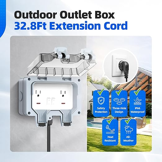 Outdoor Power Outlet Box with 32.8Ft Extension Cord, NEMA 5-15R, IP66 Waterproof Outlet Box 14AWG Wire Double Plug Socket with Lockable Cover & LED Indicator for Garden & Outdoor Use