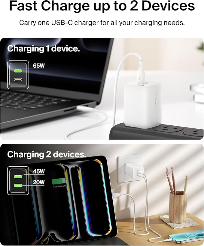 Belkin BoostCharge Pro 65W Dual USB-C PD 3.0 Fast Charger, 2-Port for MacBook, iPhone, iPad, Galaxy, Pixel & More + USB-C Cable - White