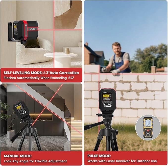 Red Laser Level Type-C Rechargeable Self Leveling Cross Laser Line with Pulse Mode, 360°Magnetic Bracket for Floor Tiles Construction Home Decoration etc.