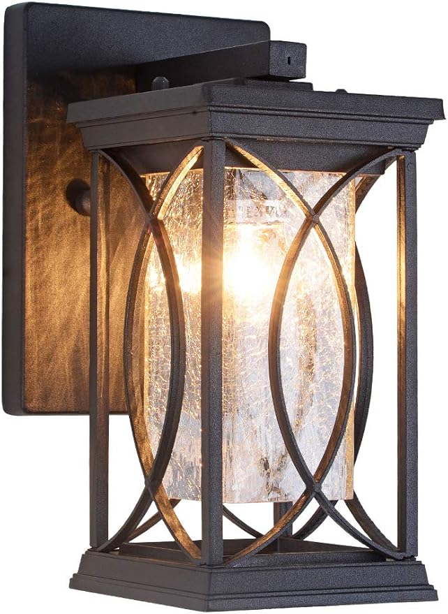 Dusk to Dawn Outdoor Wall Lanterns Small Modern Exterior Light Fixture Aluminum with Crack-Like Glass, UL and IP65 Waterproof Wall Sconce Outdoor Wall Light for Porch, Garage, Front Door, Black