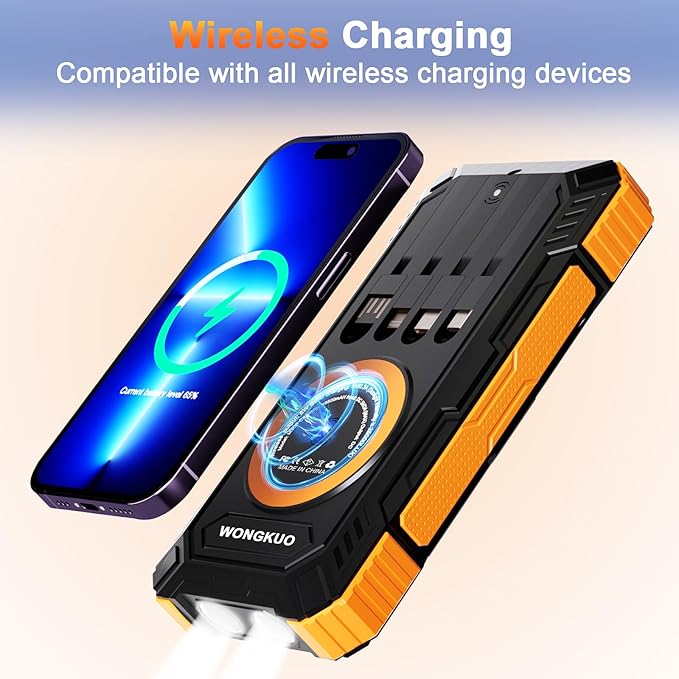 WONGKUO Solar Charger Power Bank - 49800mAh Solar Phone Charger with USB-C in/Output, QC 3.0 Fast Charging with LED Flashlight, Portable Power Bank Built-in 4 Cables, IP65 Waterproof Fits for Outdoor