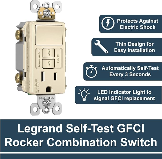 Legrand radiant 1597SWTTRLACCD4 15 Amp Combination GFCI Self Test Tamper-Resistant Decorator Outlet with Single Pole Light Switch, Light Almond (1 Count)