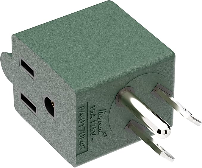 90 Degree Leftward Angled USA 3-Prong Male-Female Adapter, 5-15P to 5-15R Direction Changer, Green