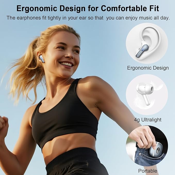 Wireless Earbuds, Bluetooth Headphones 5.4 HiFi Stereo, Ear Buds with 4 ENC Noise Cancelling Mics, 48H Bluetooth Earbuds with Dual LED Display, IP7 Waterproof in Ear Earphones for Android iOS, Gray