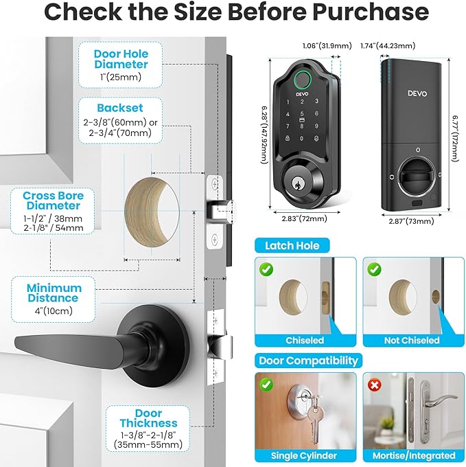 DEVO G8 Fingerprint Smart Lock, Keyless Entry Door Lock with Doorbell, Built-in Wi-Fi Deadbolt, Smart Door Lock for Front, APP Remote, Auto-Locks,Easy Install, IP54 Waterproof