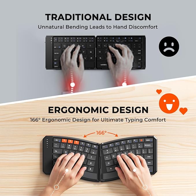 MEETION Ergonomic Foldable Bluetooth Keyboard, Split Compact Portable Keyboard for Business Travel, Ultra-Thin Folding Rechargeable Wireless Keyboards for iOS Android Windows Mac Tablet PC Smartphone