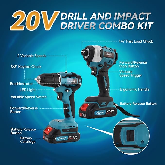 Cordless Drill and Impact Driver, Electric Drill and Impact Driver Combo Kit with 3/8-inch Electric Drill and 1/4-inch Impact Driver with 2 2A Batteries and 1 2.4A Charger