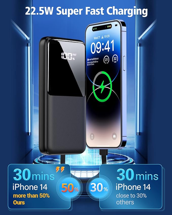 Portable Charger Power Bank - 15000mAh Fast Charging Powerbank Travel Camping Essential Battery Pack with Built in 22.5W Output Cable Compatible with iPhone 17 16 15 14 13 Samsung Google iPad, 1 Pack