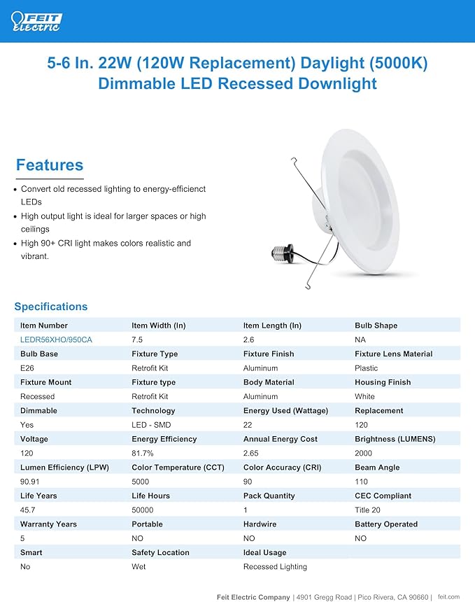 Feit Electric 5 Inch or 6 Inch LED Recessed Lighting Retrofit Downlights, 120 Watt Equivalent High Output, 2000 Lumen 5000K Daylight, Dimmable, 6 Pack LEDR56XHO/950CA/6