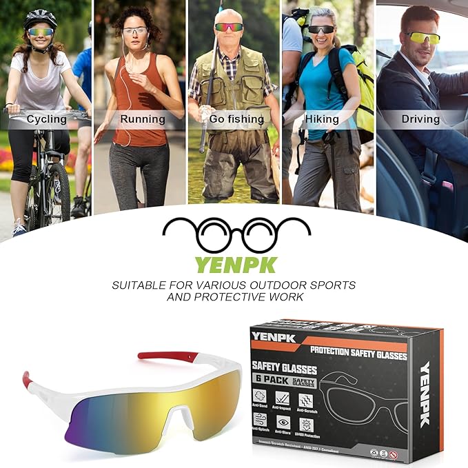 6 Pack Safety Glasses, ANSI Z87.1 Safety Glasses with UV Protection, Impact Resistant Tinted Safety Goggles