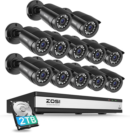 ZOSI 3K Lite 16CH Security Camera System,12pcs Wired 1080P Outdoor Indoor Weatherproof Cameras,AI Human Vehicle Detection,Night Vision,H.265+ 16 Channel CCTV DVR with 2TB HDD for 24/7 Recording