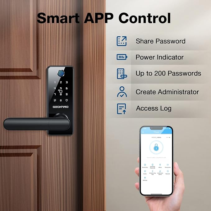 GEONFINO Smart Door Lock 6-in-1 Deadbolt with Keypad,Fingerprint Door Lock with Handle, Bluetooth Electronic Deadbolt for Home