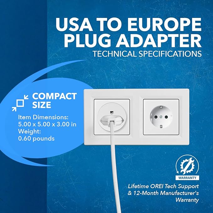 OREI American USA To European plug adapter – Type E/F schuko plug adapter - Use in Germany, France, & more - CE Certified – For Mobile, Laptop & Camera Chargers - 2 Pack