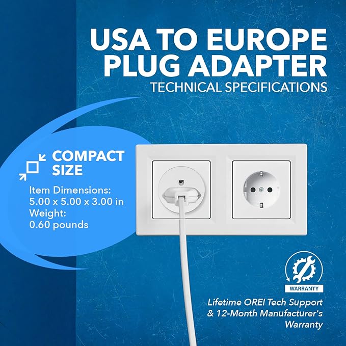OREI American USA To European plug adapter – Type E/F schuko plug adapter - Use in Germany, France, & more - CE Certified – For Mobile, Laptop & Camera Chargers - 12 Pack
