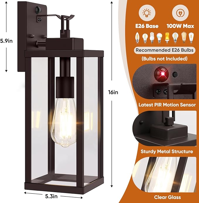BesLowe 16” Upgraded Motion Sensor Outdoor Wall Lights, Dusk to Dawn Porch Lights Outdoor Wall Sconces, 3 Lighting Modes Exterior Lighting Fixtures with Hooks, Brown Outside Lights for House, 2-Pack