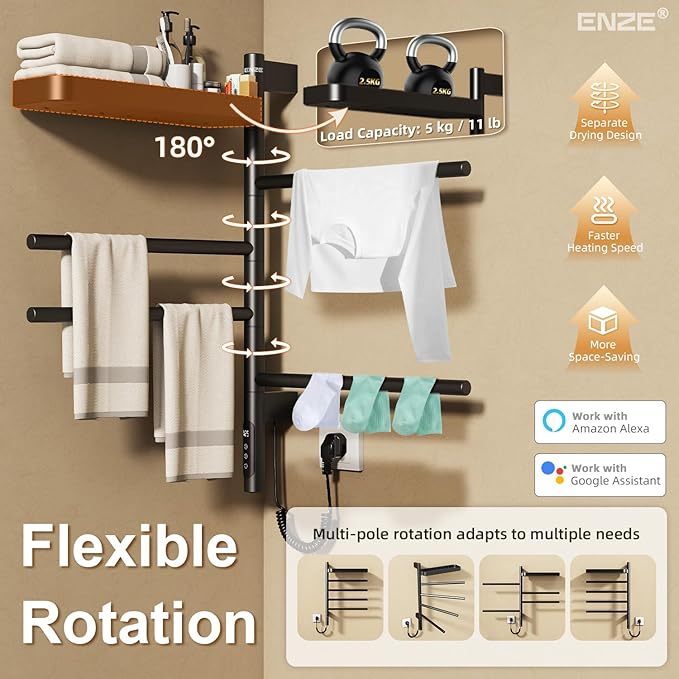 ENZE Smart Rotating Heated Towel Rack for Bathroom, Wall-Mounted Electric Towel Dryer with Swivel Bars & Shelf, Smart Timer, Low Carbon Steel, Plug-in/Hardwired, Towel Warmer with Wi-Fi App Control