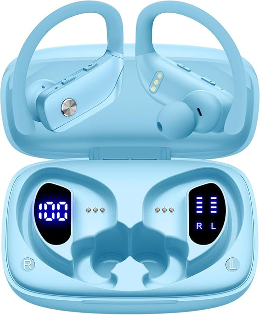 bmani Wireless Earbuds Bluetooth Headphones 48hrs Play Back Sport Earphones with LED Display Over-Ear Buds with Earhooks Built-in Mic Headset for Workout Sky Blue