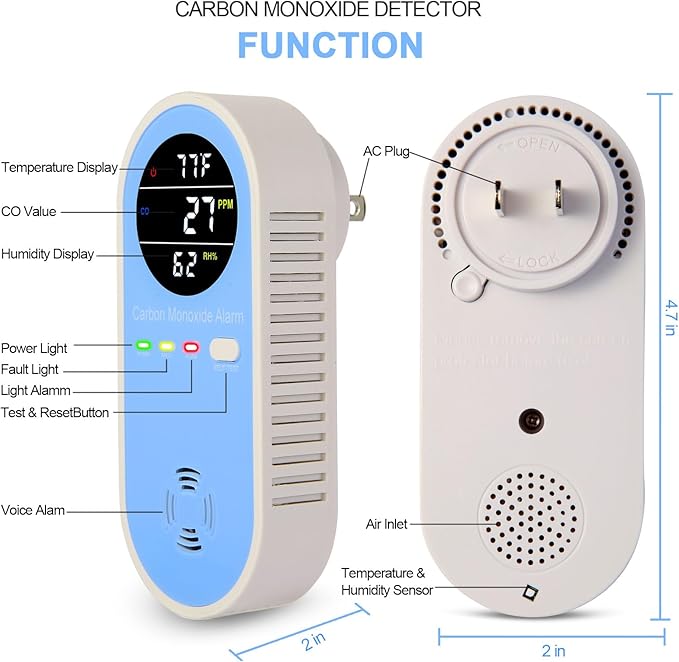 Plug-in Carbon Monoxide Detector with Real-Time CO Display & Temperature/Humidity Monitor, Plug-in CO Alarm for Home, RV, Apartment, Indoor Air Safety 2-Pack