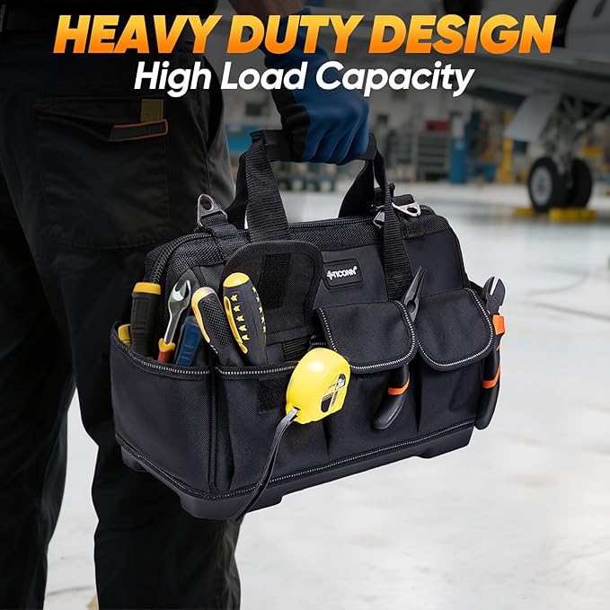 TICONN Heavy Duty Tool Bag with Multi-Pockets, Portable Tool Box Organizer Storage Bag, with Adjustable Shoulder Strap and Ergonomic Handle (Black, 16" Molded Base)
