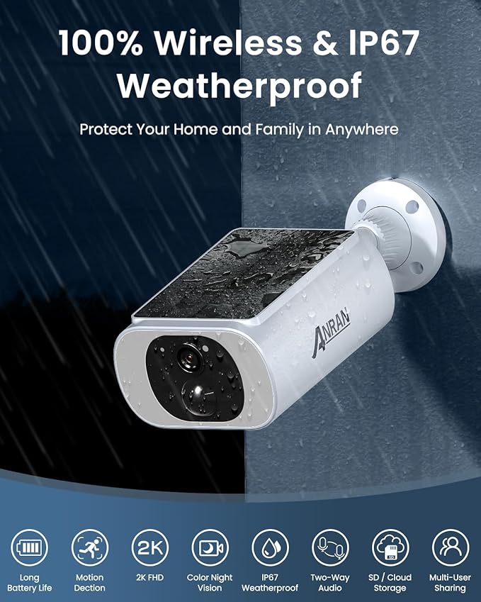 ANRAN 2K Cameras for Home Security Outside, Solar Security Cameras Wireless Outdoor, Battery Powered WiFi Surveillance with Human Detection, Color Night Vision, Spotlight, Works with Alexa (4 Pack)