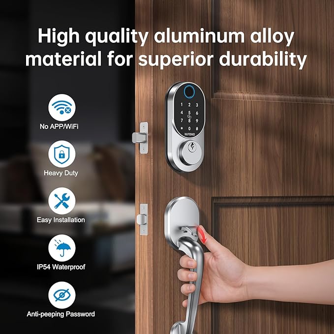Keyless Entry Door Lock with Handle: NUTOMO Silver Fingerprint Door Lock Set,Smart Front Door Handle,Electronic Keypad Deadbolt for Front Door，Easy Installation Code Auto Lock for Home