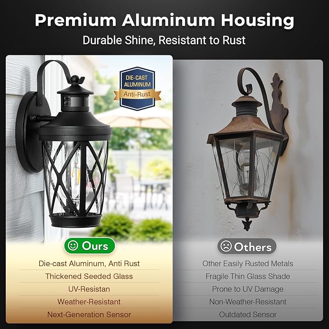 VIANIS Motion Sensor Outdoor Lights, Modern Patio Lights Outdoor Waterproof, Black Exterior Lighting Fixtures Lanterns for House, 100% Aluminum Outside Wall Mount Light Sconce for Garage, Porch, Coach