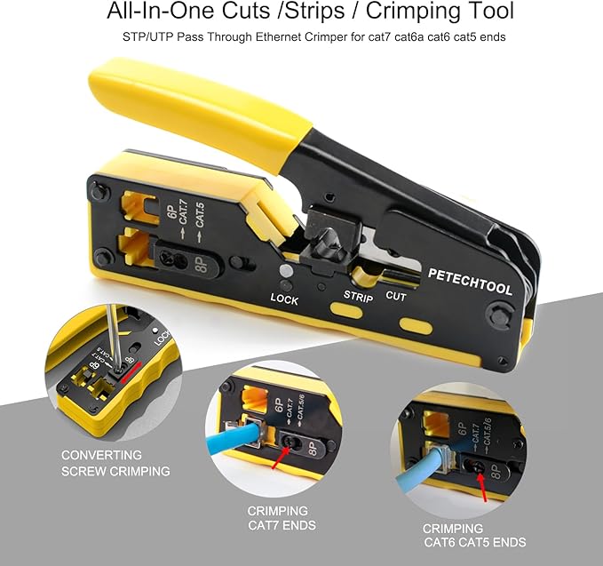 PETECHTOOL RJ45 Crimp Tool Pass Through Cat7 Cat6 Cat5 Crimping Tool with 50-Pack Cat6 RJ45 Pass Through Connector, 50-Pack RJ45 Boots, Network Cable Tester, Wire Cutter and mini Wire Stripper