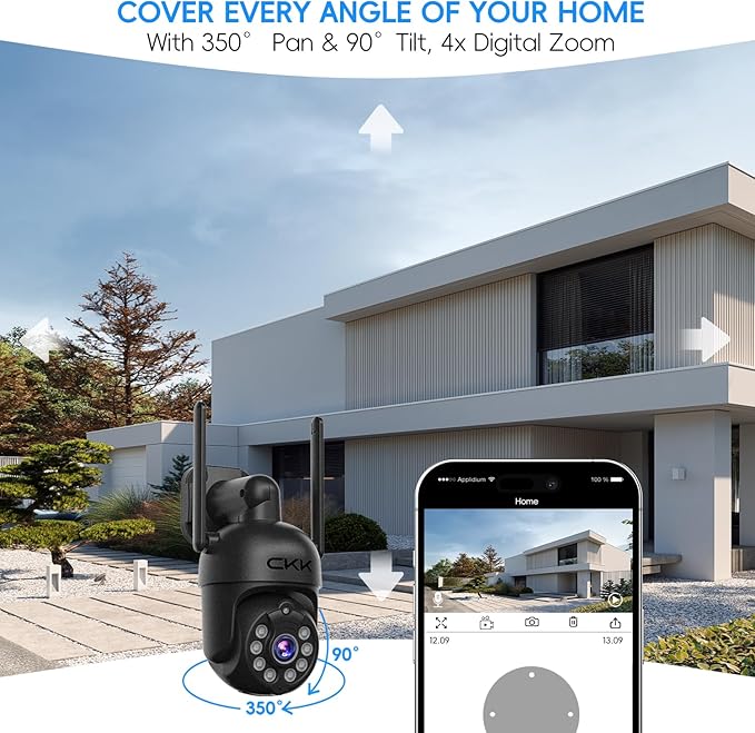 [3K, 360° View] 5MP Wireless Security Camera System, 4pcs 3K PTZ Cameras Outdoor Indoor, C102 Dual WiFi Surveillance System NVR with 4LED Floodlights & Siren Alarm, 2 Way Audio,Motion Sensor,1TB HDD