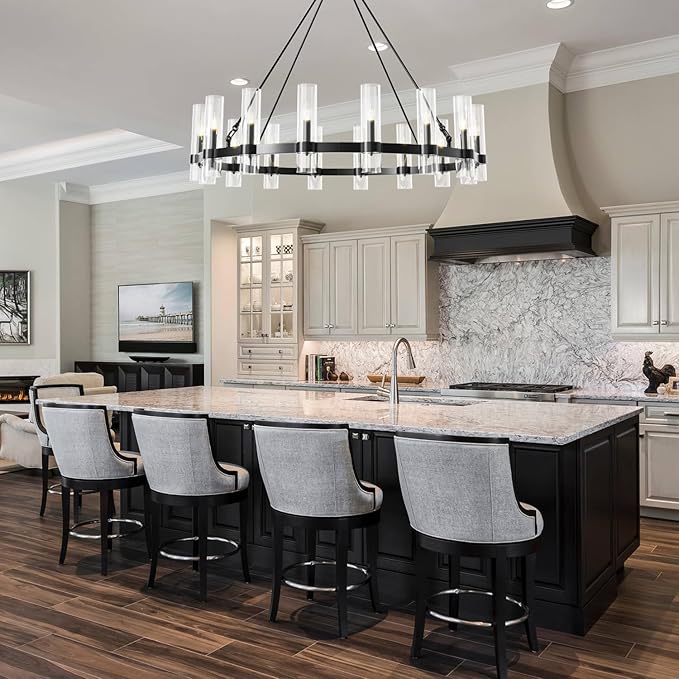 48 Inch Black Wagon Wheel Chandelier, 16 Lights, with Brown Glass Shade, Large Hanging High Ceilings Chandeliers for Dining Room Kitchen Foyer Entryway Living Room