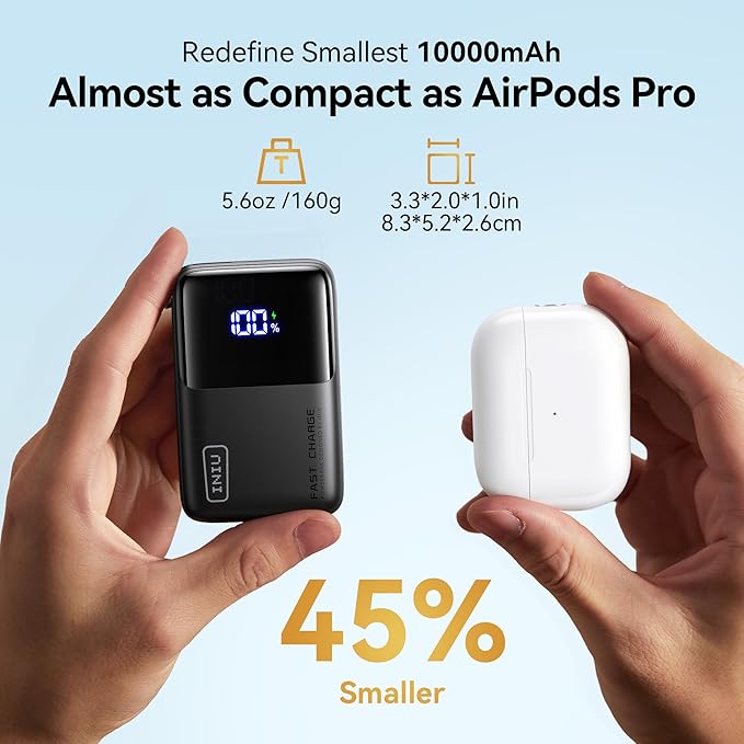 INIU Pocket Size Portable Charger, Ultra Small 10000mAh 45W PD Power Bank, USB C in&Out Fast Charging Battery Pack, Travel Essentials Powerbank for iPhone 17 16 15 14 Pro Air, iPad, Samsung S25 etc