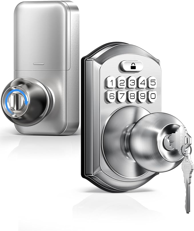 TEEHO Keyless Entry Keypad Door Lock with Handle, Electronic Digital Smart Locks for Front Door, Easy to Install Keypad Deadbolt with Code for Bedroom, Anti-Peeping Password - Nickel