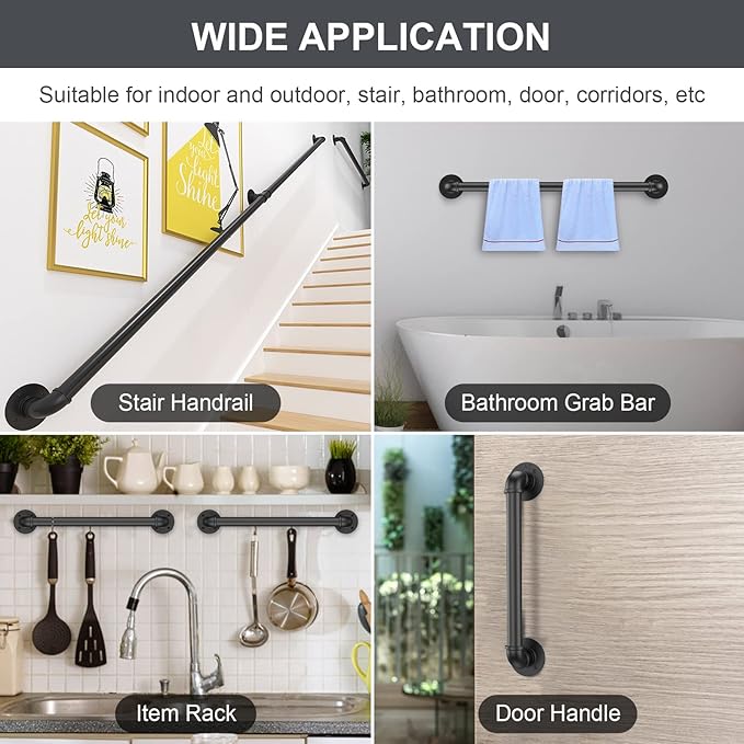 Willstar 4FT Industrial Staircase Handrail Non-Slip Pipe Bar Foot Rail Wall Mount Stair Rail Vintage Grab Bar for Steps Black Iron Pipe Handrail for Outdoor Indoor Stairs Loft Porch Hand Rail (4ft)